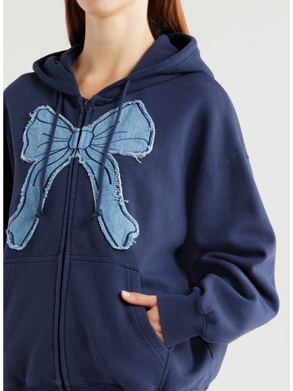 Beverly & Beck Denim Bow Applique Full-Zip Hoodie